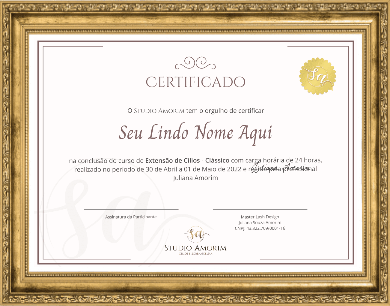 Certificado Curso Extensão de Cílios - Studio Amorim